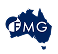 A dark blue silhouette of Australia with the white letters "FMG" inside it, and a partial white circular design on the left side of the icon.